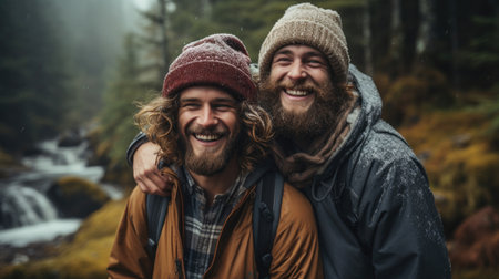 Happy big friends hugging together in mountainsの素材