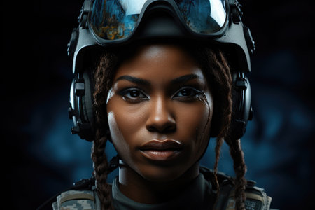 Young black woman wearing military uniform including camouflage fatigues and a helmet. She is ready for war to protect and serve her countryの素材