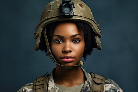 Young black woman wearing military uniform including camouflage fatigues and a helmet. She is ready for war to protect and serve her countryの素材