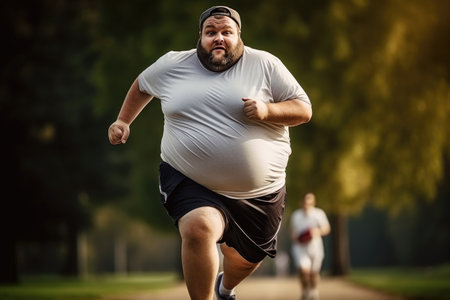 Fat man exercising By walking to burn fat And run slowly to exercise in the parkの素材