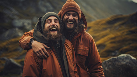 Happy big friends hugging together in mountainsの素材