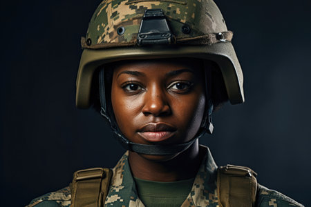 Young black woman wearing military uniform including camouflage fatigues and a helmet. She is ready for war to protect and serve her countryの素材