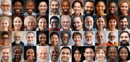 Many happy diverse ethnicity different young and old people group headshots in collage mosaic collection. Lot of smiling multicultural faces looking at camera. Human resource society database concept.の素材