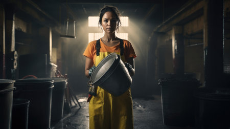 A cleaning woman is standing inside a building holding a bucket fulfilled with chemicals and facilities for tidying.の素材