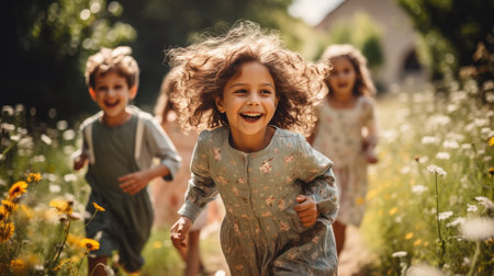 Happy kids playing outside and having fun together in summertime on sunset, a group of joyful friends walking in green park and hugging each other. Children and friendship conceptの素材