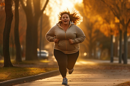 Fat woman jogging in city park at early morningの素材