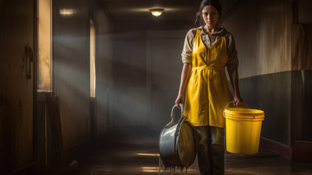 A cleaning woman is standing inside a building holding a bucket fulfilled with chemicals and facilities for tidying.の素材