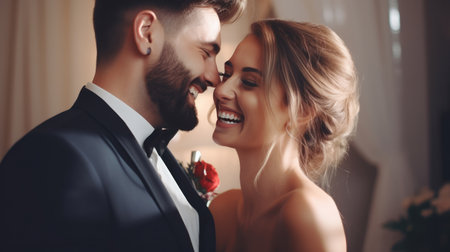 Amazing smiling wedding couple. Pretty bride and stylish groom.の素材