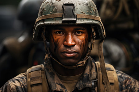 Soldier Portrait Face, Black African Man wearing camouflage uniformの素材