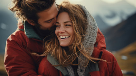 Happy couple hugging together in the mountainsの素材