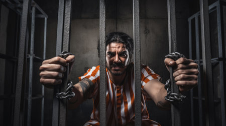Aggressive male prisoner holding bars with injured handsの素材