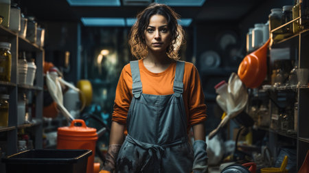 A cleaning woman is standing inside a building holding a bucket fulfilled with chemicals and facilities for tidying.の素材