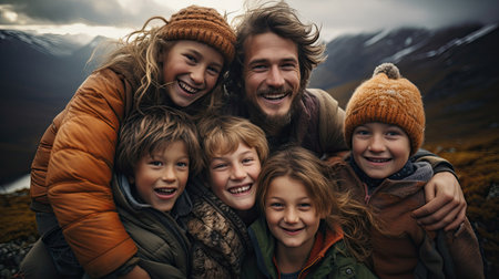 Happy family hugging together in mountainsの素材