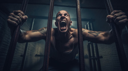 Aggressive male prisoner holding bars with injured handsの素材