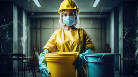 A cleaning woman is standing inside a building holding a bucket fulfilled with chemicals and facilities for tidying.の素材