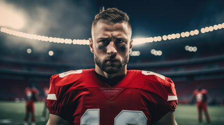 Close-up of serious American football player in red jersey looking down against sports pitchの素材