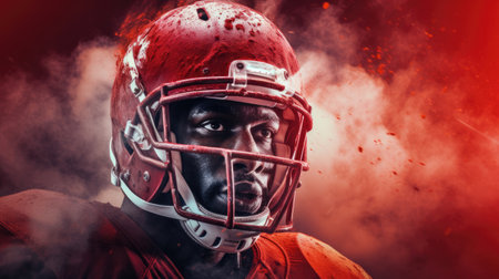 Close-up of upset American football player with ball against digitally generated image of color powderの素材
