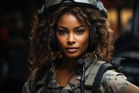 Young black woman wearing military uniform including camouflage fatigues and a helmet. She is ready for war to protect and serve her countryの素材