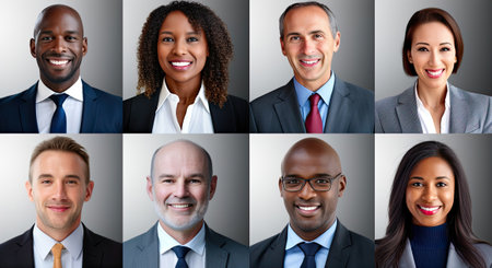 Collage of portraits of an ethnically diverse and mixed age group of focused business professionalsの素材