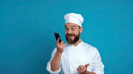 Excited young bearded male chef or cook baker man in apron white t-shirt toque chefs hat isolated on blue wall background studio portrait. Cooking food concept. Pointing index finger on mobile phoneの素材