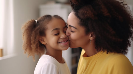 Close up of beautiful daughter kissing mother on cheek at home. African little girl giving kiss to happy mother. Lovely black female child kissing cheerful and proud woman on cheek for mother's dayの素材