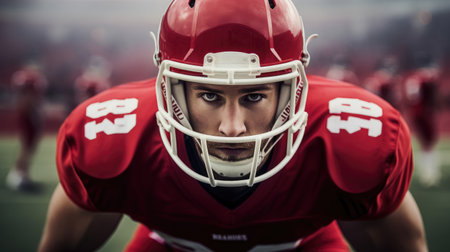 Close-up of serious American football player in red jersey looking down against sports pitchの素材