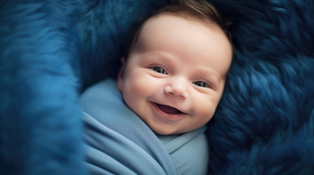 Portrait of smiling newborn baby wrapped in blue blanketの素材
