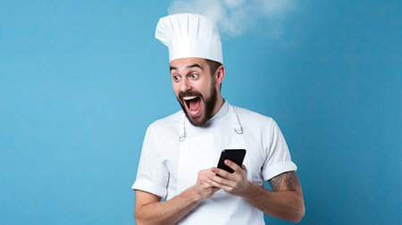 Excited young bearded male chef or cook baker man in apron white t-shirt toque chefs hat isolated on blue wall background studio portrait. Cooking food concept. Pointing index finger on mobile phoneの素材