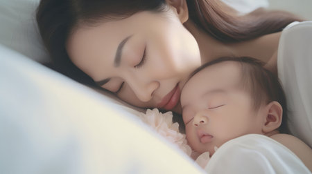 Close up portrait of beautiful young asian caucasian mother day girl kissing healthy newborn baby sleep in bed with copy space. Healthcare and medical love asia woman lifestyle mother's day conceptの素材