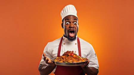 Male African-American chef with tasty dish on color backgroundの素材