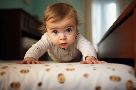 Portrait of a crawling baby on the bed in her roomの素材