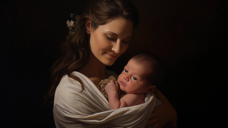Pretty woman holding a newborn baby in her armsの素材
