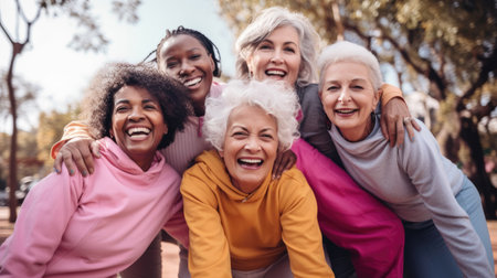 Multiracial senior women having fun together after sport workout outdoorの素材