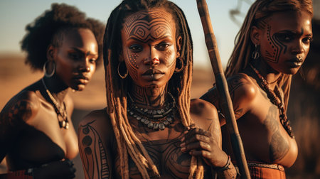 Female women from Africa with cultural tattoos make-up, cosmetics, and wooden stone spear weapon. ethnic groups of Africaの素材