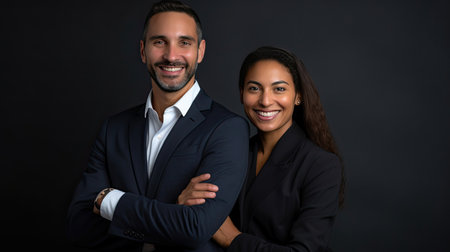Portrait of happy multi ethnic business couple posing with arms crossedの素材