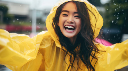 Rainy day Asian woman wearing a raincoat outdoors, happy and funnyの素材