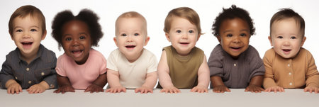 Row of multi-ethnic Babies smiling in studioの素材