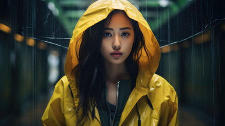 Rainy day asian woman wearing a raincoat outdoorsの素材