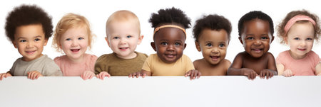 Row of multi-ethnic Babies smiling in studioの素材