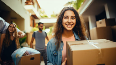 Young female college student moving her stuff out of home to a college dorm with her smiling parents in the backgroundの素材