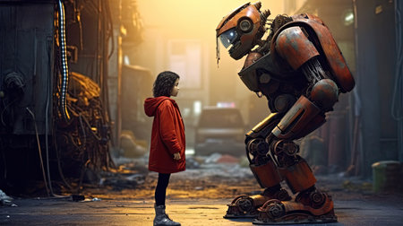 Robot and little girl face to faceの素材