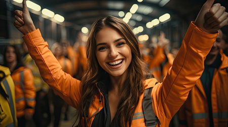 Professional warehouse worker team celebrating success in warehouse factory, Cheerful workers having fun at work, Happiness at job, Concept of success, Happy team enjoying their successful jobの素材