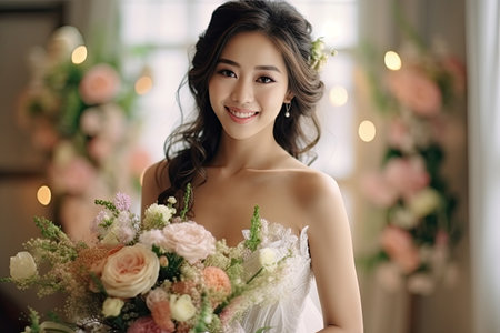 Beautiful Attractive Asian bride wearing wedding dress smile and holding bouquet,Feeling so proud and happiness in wedding dayの素材