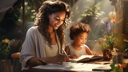 Happy family. Mother teaching daughter. Adult woman helps the child girl.の素材