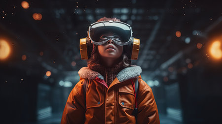 Child with VR headset exploring the metaverse, Generative AI Technologyの素材