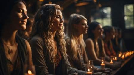 Group of people meditating in a yoga studioの素材