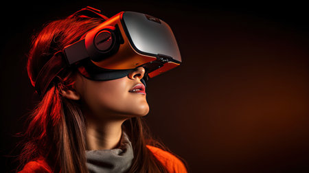 Woman with VR headset exploring the metaverse, Generative AI Technologyの素材