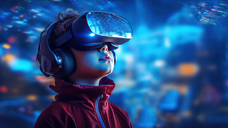 Child with VR headset exploring the metaverse, Generative AI Technologyの素材