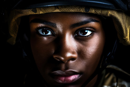 Young black woman wearing military uniform including camouflage fatigues and a helmet. She is ready for war to protect and serve her country first person view fantastic realism cinematic lighting, Generative AI Technologyの素材