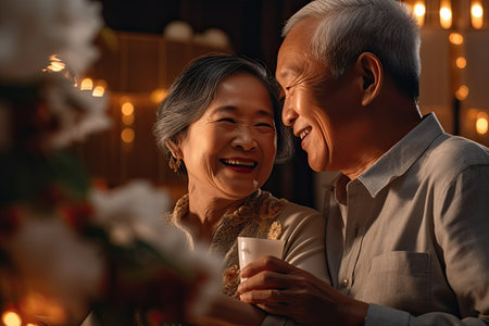 Senior Asian couples take care of each other together time in their living room, Generative AIの素材